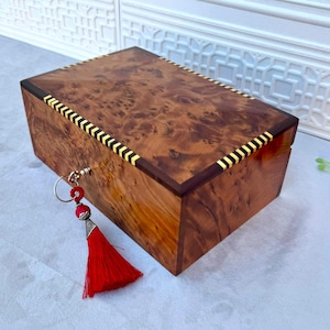 Handcrafted Thuya Burl Wood Jewelry Box 9x6in | Lockable Storage Chest with Two Levels | Unique Organizer for Women