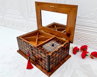 Moroccan Royal jewellery Box 12"x8",large lockable thuya wooden burl Jewelry Box organizer with key,mirror inside,wedding wood memory box