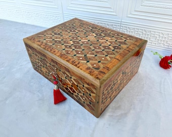 Large Moroccan Thuya Wood Jewelry Box 14"x11" – Artisan Memory & Storage Organizer, Christmas Gift for Her, Handmade Keepsake Chest