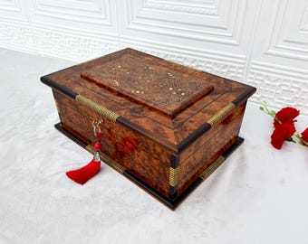 Luxury Large Jewelry Box with Mirror | 13x9in Jewelry Organizer with Lock and Two Storage Levels, Jewelry Box Hand-Crafted From Thuja Burl