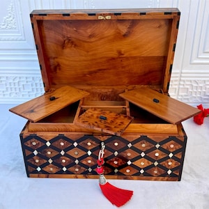 Luxury Lockable Thuya Burl Jewelry Box with Key 12"x8", Christmas Gift, Wedding, Birthday Memory Box,Handmade Jewelry Organizer with Divider