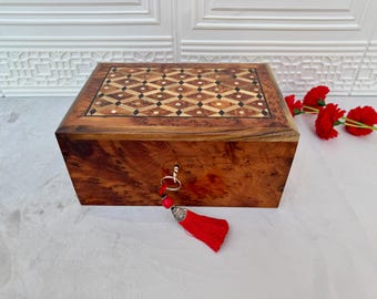 10"x7" Moroccan Thuya Wood Jewelry Box with Lock and Key - Handcrafted Storage Box with Lemon Wood Inlay,| Unique Organizer for Women