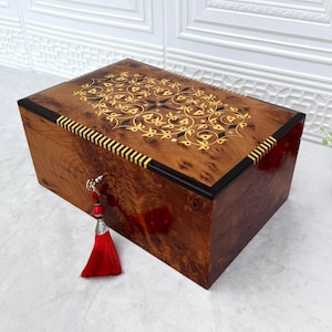 12&quot;x8&quot; Moroccan Thuya Wood Jewelry Box with Lock and Key - Handcrafted Storage Box with Lemon Wood Inlay,| Unique Organizer for Women
