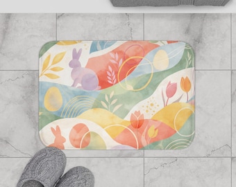 Abstract Easter Bath Mat – Pastel Spring Tulips, Rabbits, Memory Foam Rug