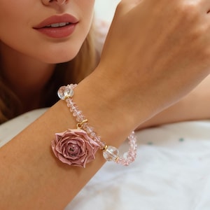 Pink Crystal Phone Strap with Dried Rose Flowers, Bloom Bracelet