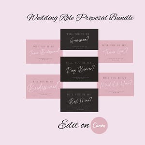 Lot modifiable de cartes de demande en mariage - demoiselle d'honneur, demoiselle d'honneur, témoin, garçon d'honneur - rose - noir - cartes numériques imprimables - imprimable