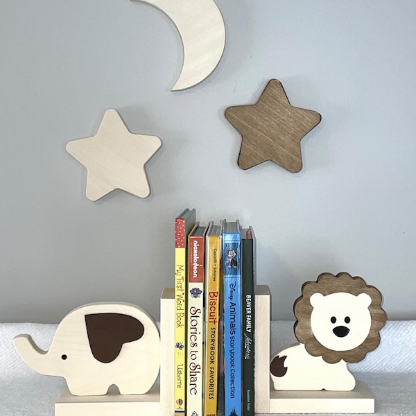 Bookends Safari Animals-Wooden Bookends-Wooden Decorations-Cute Safari Decor-Lion-Elephant-Nursery Decor