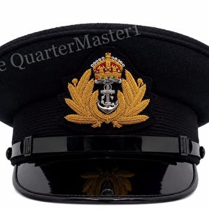 Offiziersmütze der Royal Navy (schwarze Wolle/Melton) mit handgesticktem RN-Abzeichen