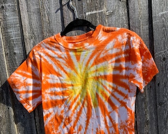 Tie Dyed  Sunshine Deep Orange and Lemon Yellow  Spider Web Short Sleeve Adult T-shirtIn Stock and READY TO SHIP