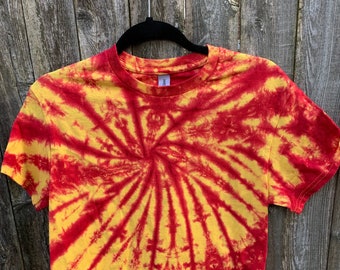 Tie Dyed  Fire Red and Yellow  Spider Web Short Sleeve Adult In Stock and READY TO SHIP