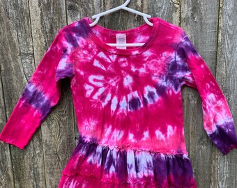 Tie Dyed Fuchsia, Hot Pink and Deep Purple Spiral  Long Sleeve Girl's 3 Tier Drop Waist Ruffle Dress In Stock and READY TO SHIP
