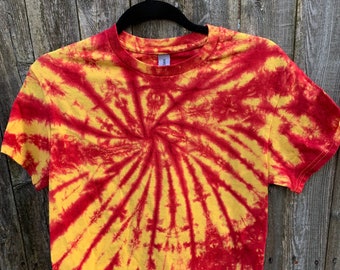 Tie Dyed  Fire Red and Yellow  Spider Web Short Sleeve Youth T Shirt in Stock and READY TO SHIP