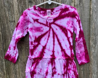 Tie Dyed Magenta Gallatica Long Sleeve Girl's 3 Tier Drop Waist Ruffle Dress In Stock and READY TO SHIP