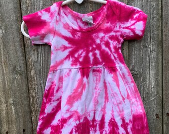 Fuchsia and Hot Pink  Tie Dyed Short Sleeve Infant/Toddler  Lap Shoulder Dress In Stock and READY TO SHIP