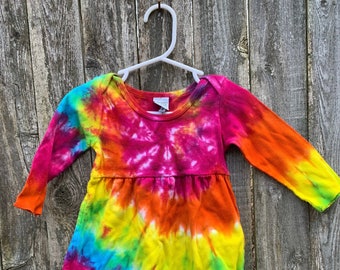Tie Dyed Sunshine Rainbow Spiral  Long Sleeve Infant/Toddler  Lap Shoulder Dress In Stock and READY TO SHIP
