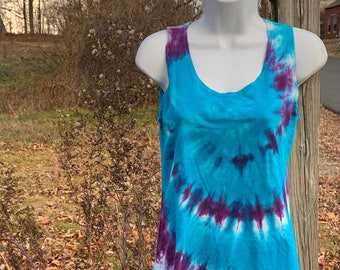 Turquoise and Deep Purple Spiral Tie Dyed  Sleeveless Short Woman’s Play Dress In Stock and READY TO SHIP