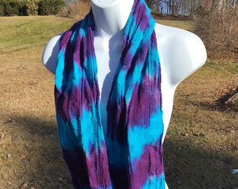 Turquoise and Deep Purple Hand Dyed Cotton Scarf with Fringe