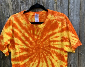 Tie Dyed  Deep Orange and Yellow  Spider Web Cotton Short Sleeve Plus Size Adult T-Shirt  In Stock and READY TO SHIP