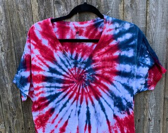 Red, White and Blue Tie Dye Short Sleeve Hanes ComfortSoft  Lightweight Adult V-Neck T Shirt In Stock and READY TO SHIP