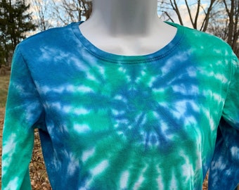 Tie Dyed Cerulean Blue and Irish Green Spider Web Design Cotton Jersey Long Sleeve Women's Top In Stock and READY TO SHIP