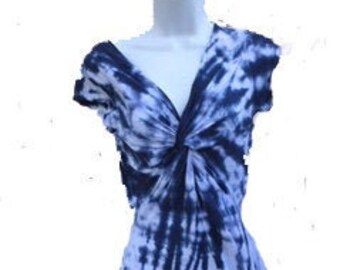 Twisted Front, Cap Sleeve, Indigo Blue Spider Web Design, Tie Dyed  Woman’s  Dress In Stock and READY TO SHIP