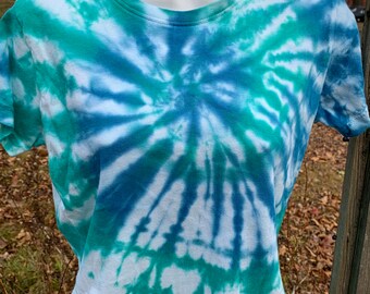 Tie Dyed Cerulean Blue and Irish GreenSpider  Web Pattern Cotton Jersey Short Sleeve Women's  Top In Stock and READY TO SHIP