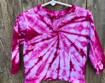 Tie Dyed Magenta Gallatica Spider Web Design Long Sleeve Cotton Toddler/Youth T Shirt In Stock and READY TO SHIP