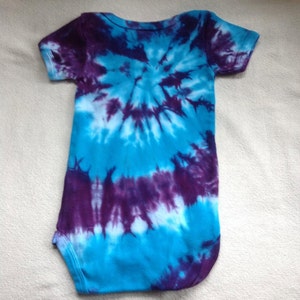 Tie Dyed Turquoise and Deep Purple Spiral Short Sleeve Onesie In Stock and READY TO SHIP image 2
