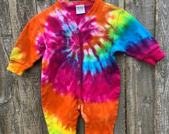 Tie Dyed, Sunshine Rainbow Spiral Hippie  Cotton  Interlock Baby Infant Union Suit In Stock and READY TO SHIP