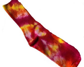 Tie Dyed, Fuchsia, Deep Orange, and Lemon Yellow Cotton  Adult Socks In Stock and READY TO SHIP