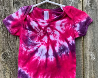 Vibrant, Tie Dyed Fuchsia, Deep Purple and Hot Pink Spiral   Short Sleeve Infant Lap Shoulder Cotton T-shirt In Stock and READY TO SHIP