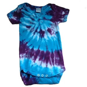 Tie Dyed Turquoise and Deep Purple Spiral Short Sleeve Onesie In Stock and READY TO SHIP image 1