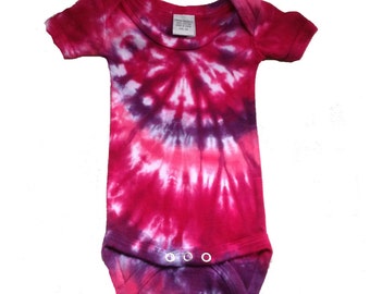 Tie Dyed Fuchsia, Hot Pink and Deep Purple Spiral Short  Sleeve OnesieIn Stock and READY TO SHIP