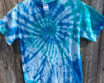 Tie Dyed Cerulean Blue and Irish Green Spider Web Short Sleeve Adult T Shirt In stock and READY TO SHIP