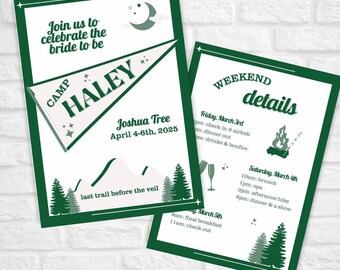 Camp Bachelorette Invitation and Itinerary Template, Mountain Bachelorette Girls Trip Weekend, Last Trail Before the Veil, Hiking Bach edit