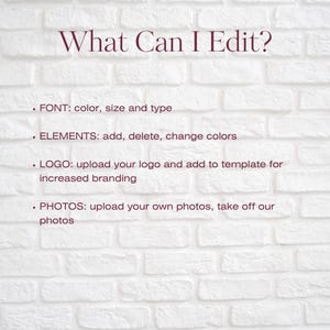 May include: A white brick wall with text in maroon that reads "What Can I Edit?" followed by a list of editable elements: font, elements, logo, and photos.