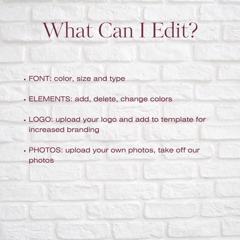 May include: A white brick wall with text in maroon that reads "What Can I Edit?" followed by a list of editable elements: font, elements, logo, and photos.