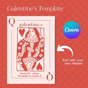 Galentines Party-Einladung, Herzkönigin einladen, Valentinsparty, Junggesellinnenabschied, Mädchennacht, bearbeitbares Canva, Poker oder Wunderland