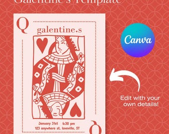 Galentine’s party invitation, Queen of hearts invite, valentines party, bachelorette, girls night, editable canva, poker or wonderland