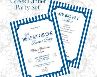 My Big Fat Greek Wedding Dinner Party Invitation and Menu, Greek themed party invite, Greece inspired birthday anniversary