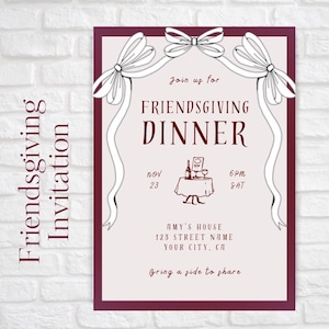 May include: A burgundy and white invitation for a Friendsgiving dinner on 23rd November at 6 PM. The invitation features a hand-drawn illustration of a table setting with wine glasses and a bottle of wine. The text reads "Join us for Friendsgiving Dinner" and includes the date, time, and location of the event.