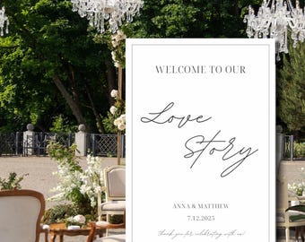 Welcome to our love story wedding sign, customizable entrance signage, thank you for celebrating with us, classic wedding, Canva template