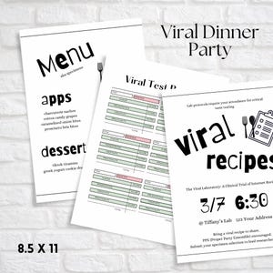 Viral Dinner Party, Taste testing score sheets, wine tasting and food tasting party, dinner invitation and customizable menus, fun adult