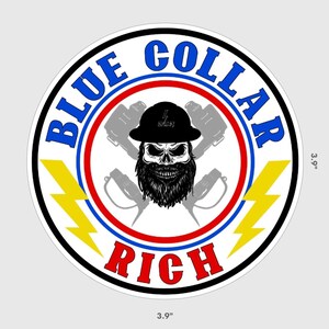 Lineman Blue Collar Rich Vinyl Sticker 3.9” x 3.9” bearded lineman, climbing hooks in background - journeyman lineman - apprentice lineman.
