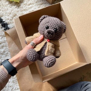 Könnte beinhalten: Ein brauner gehäkelter Teddybär, der einen beigefarbenen Cardigan mit einem roten Knopf trägt. Der Bär wird in der Hand einer Person gehalten und befindet sich in einem braunen Karton.