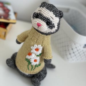 Crochet Ferret Harry Toy in a Knitted Sweater with Embroidery Flowers