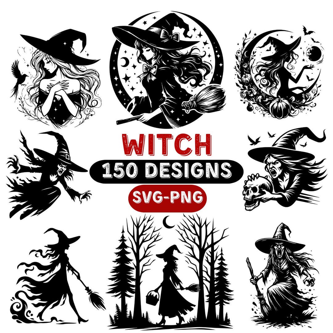 Witch SVG Bundle, 150 Witch Designs, Halloween Witch Cut Files, PNG and ...