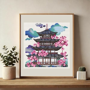 Cherry Blossoms Temple Castle Cross Stitch pattern PDF Japan cross stitch chart art counted cross stitch designs Japan embroidery