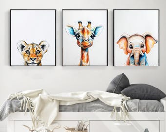 Impresiones de pared para guardería con temática de safari, impresiones bohemias para guardería, animales de la jungla, arte de pared para guardería, decoración de guardería con animales, impresiones de animales, habitación de niños, sala de juegos