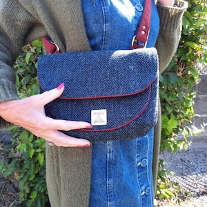 Harris Tweed and velvet Crossbody bag, curvy crossbody with flap, Harris Tweed gift for her, handmade tweed bag, Harris Tweed day bag,
